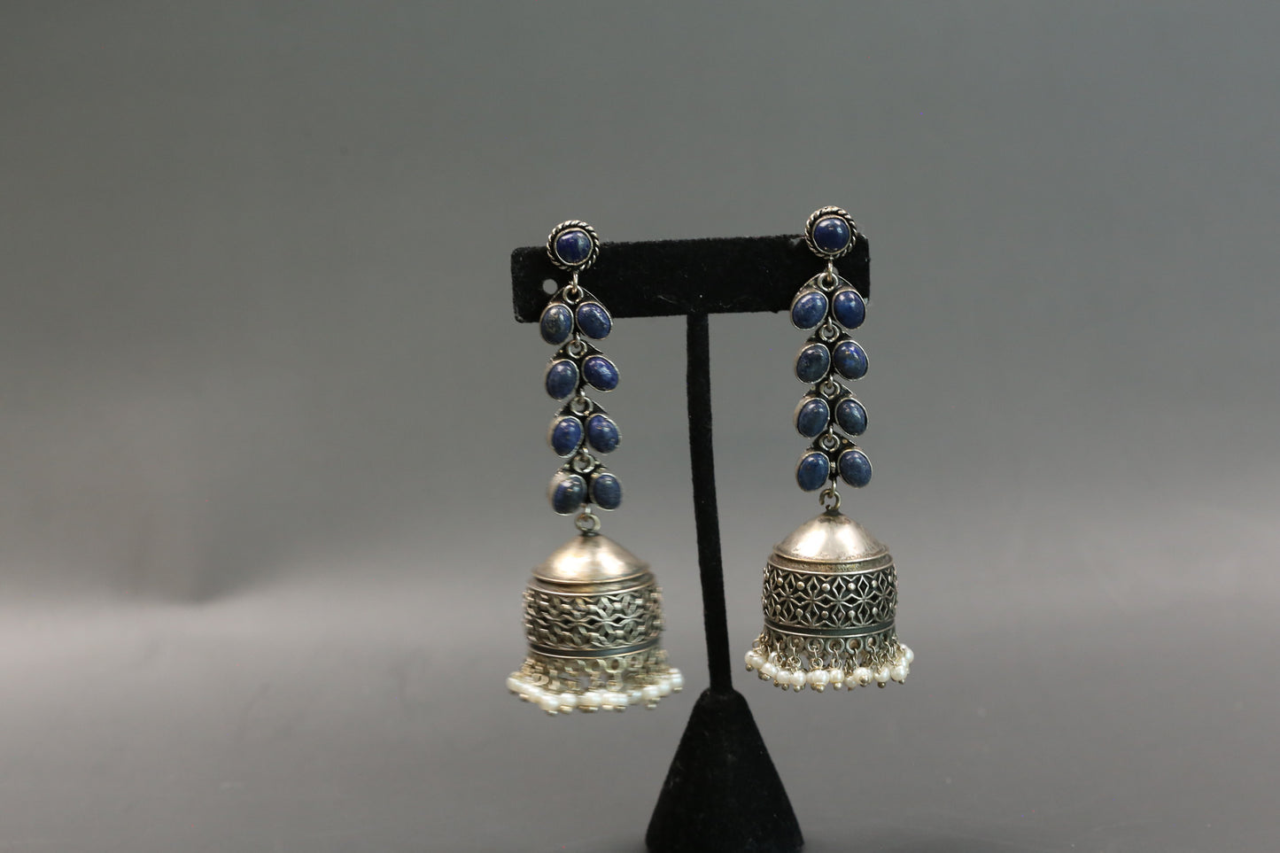 Lapis Silver Tone Long Jhumka