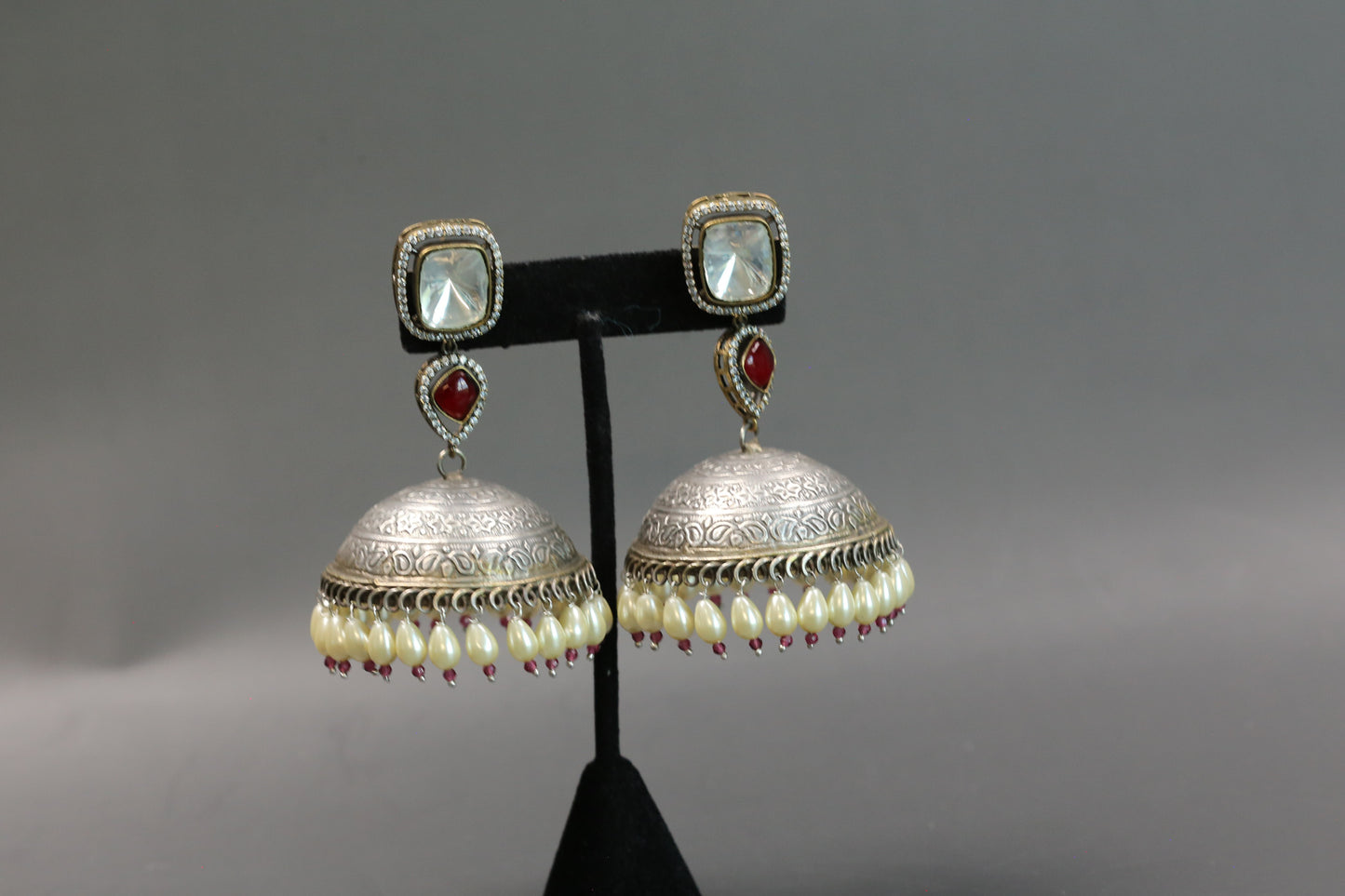 Large Kundan Fusion Jhumka- Red