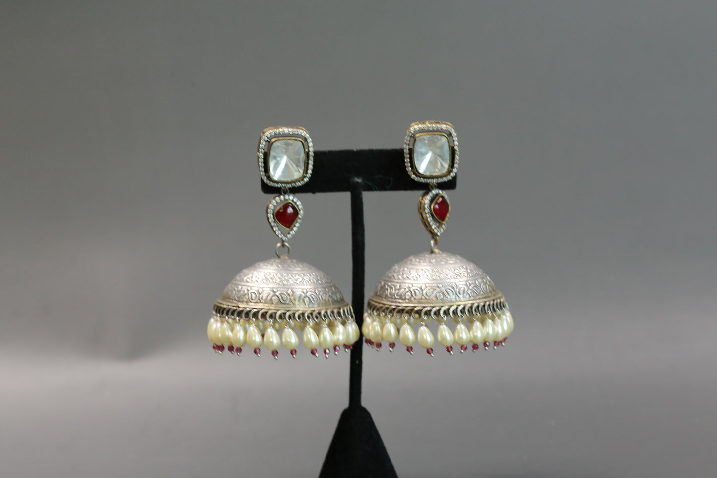 Large Kundan Fusion Jhumka- Red