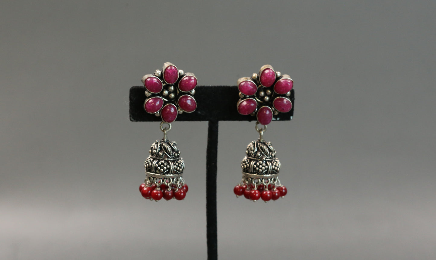 Red Onyx Silver Tone Jhumka