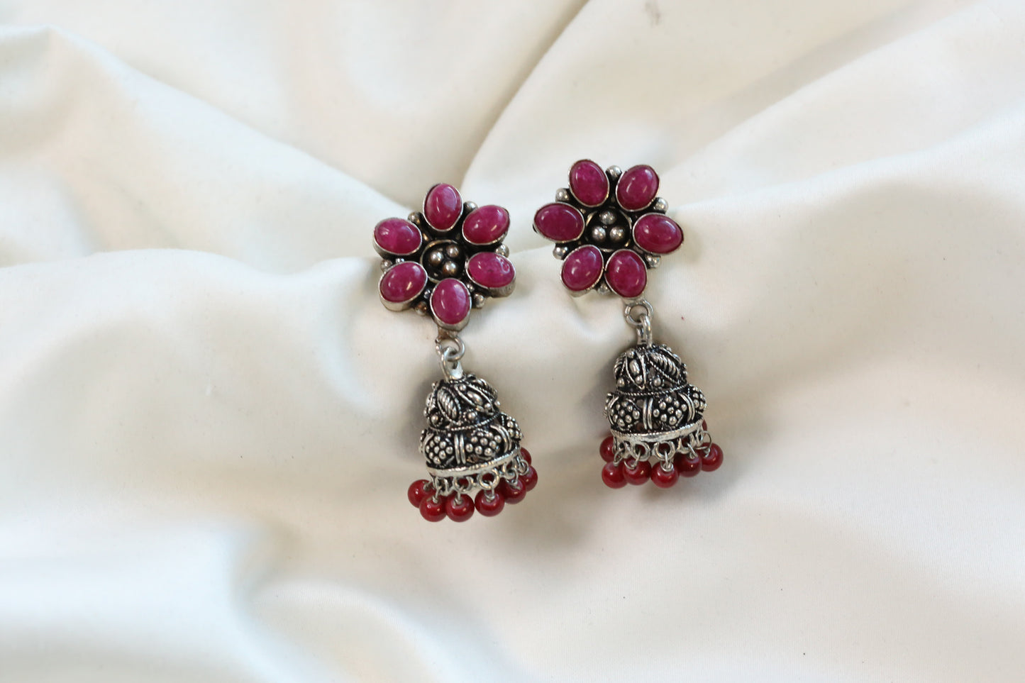 Red Onyx Silver Tone Jhumka