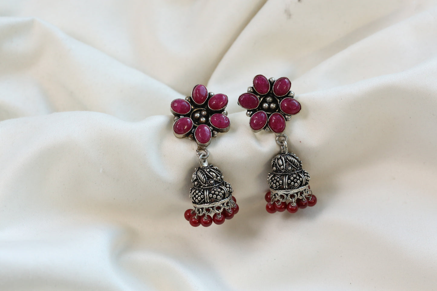 Red Onyx Silver Tone Jhumka