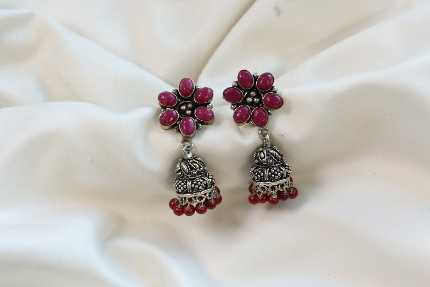 Red Onyx Silver Tone Jhumka