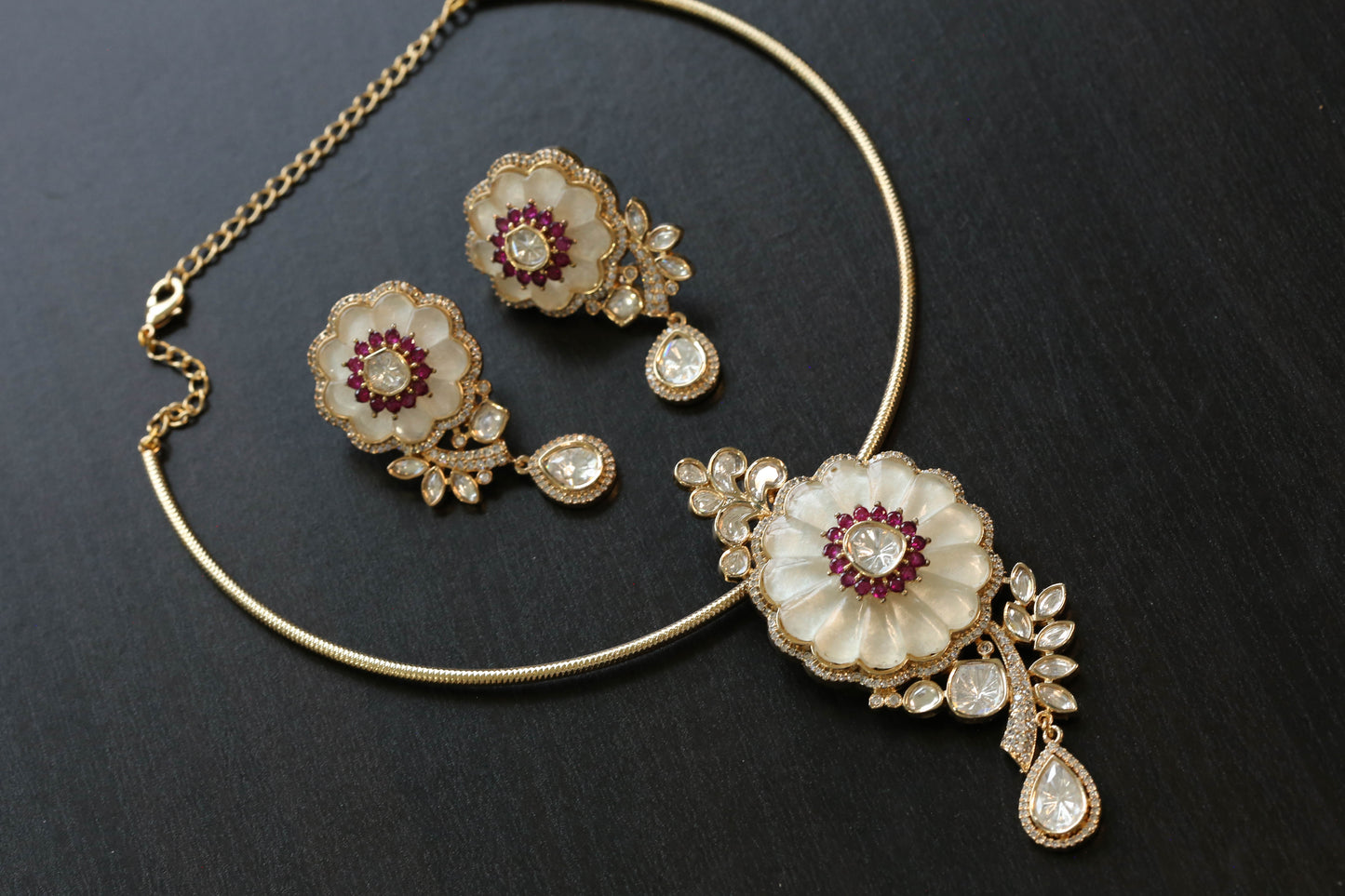 Ivory & Uncut Polki Hasli Set - Ruby (103-43)