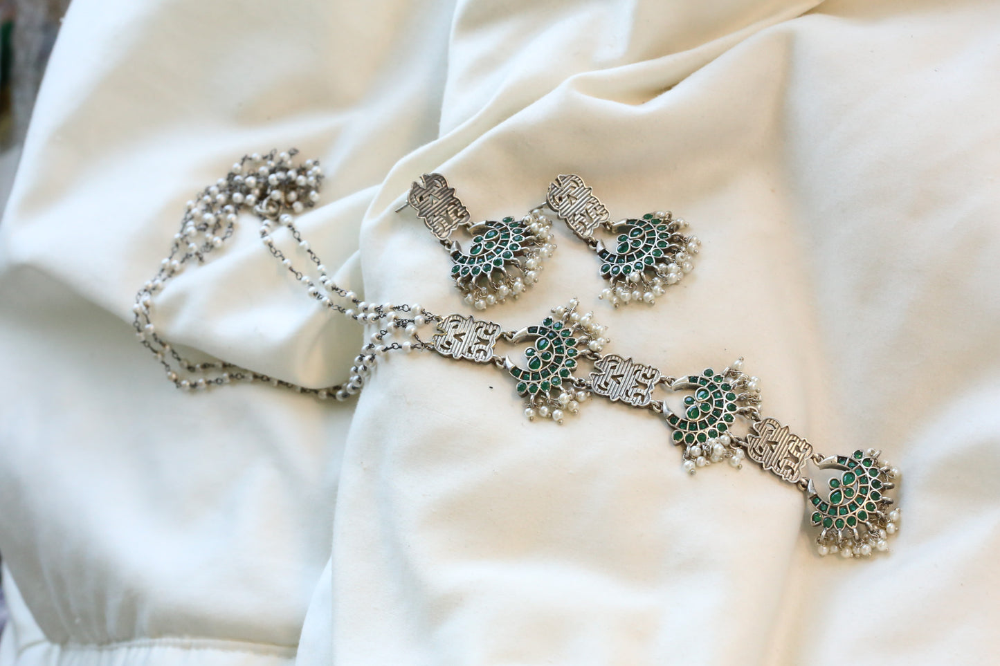 Green Oxidized Pearl Necklace Set