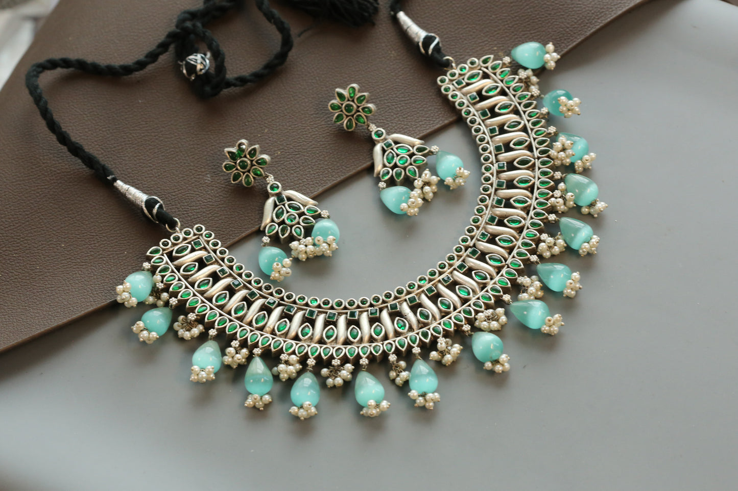 Green Kemp Silver Look Oxidized  Necklace Set