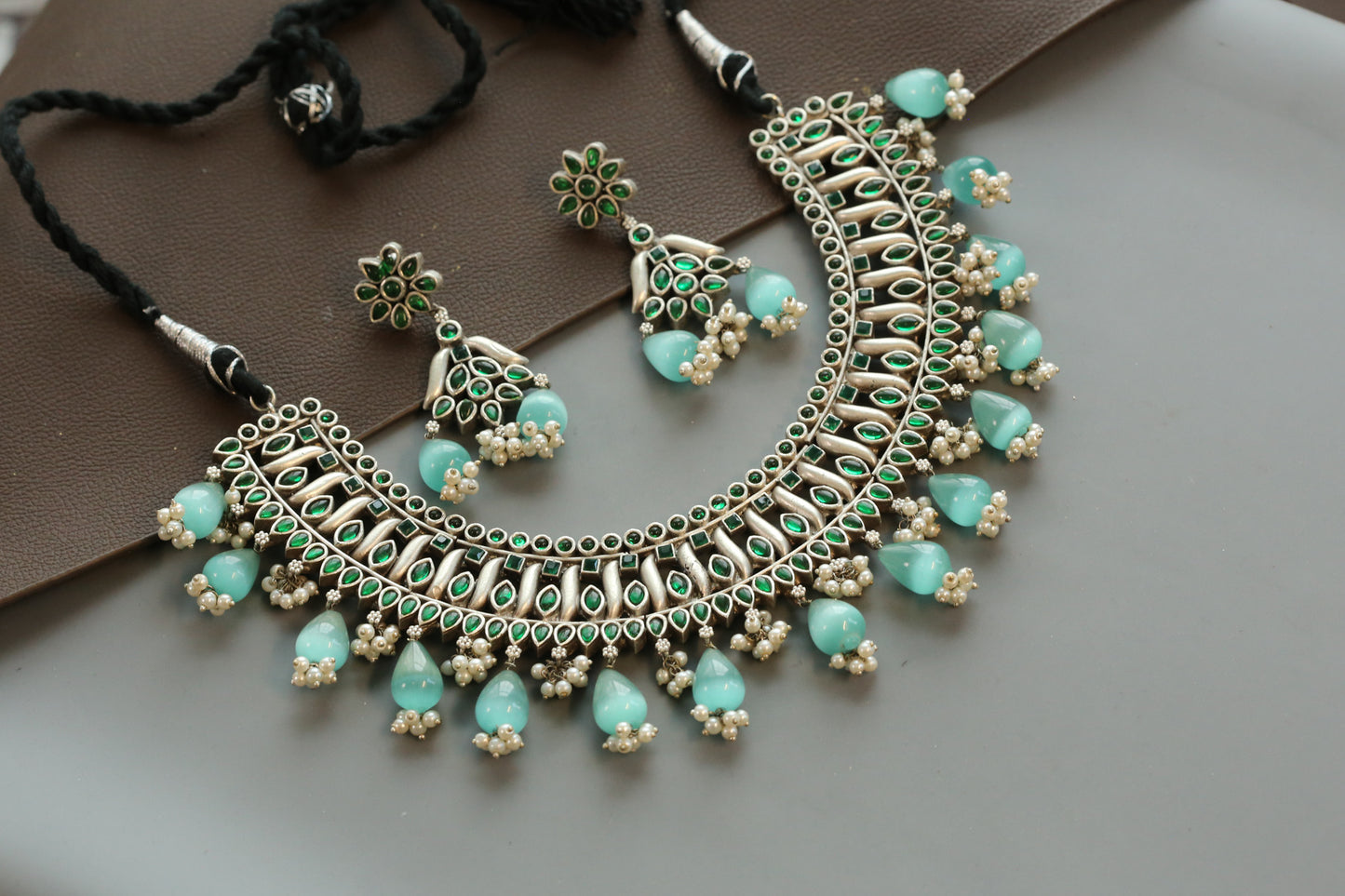 Green Kemp Silver Look Oxidized  Necklace Set