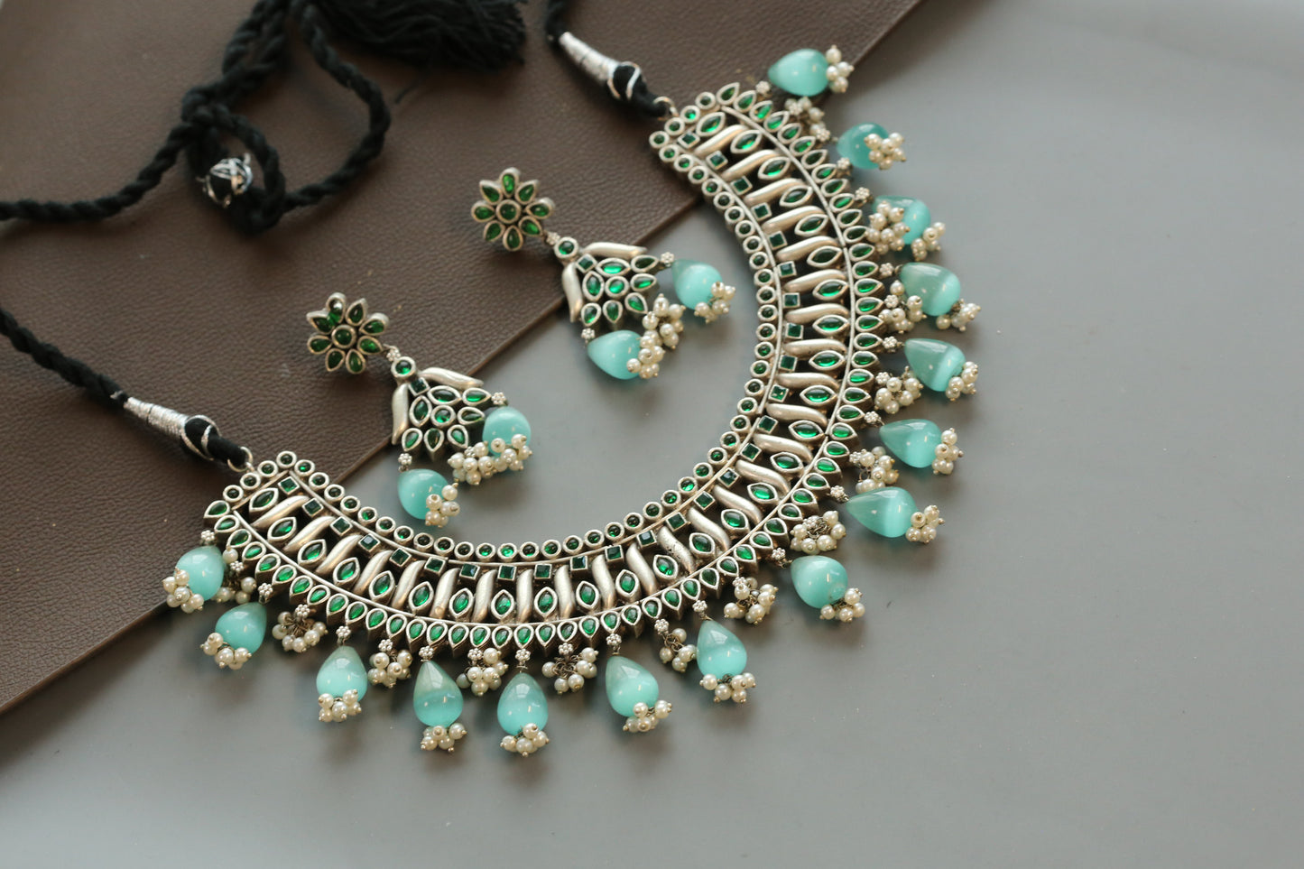 Green Kemp Silver Look Oxidized  Necklace Set