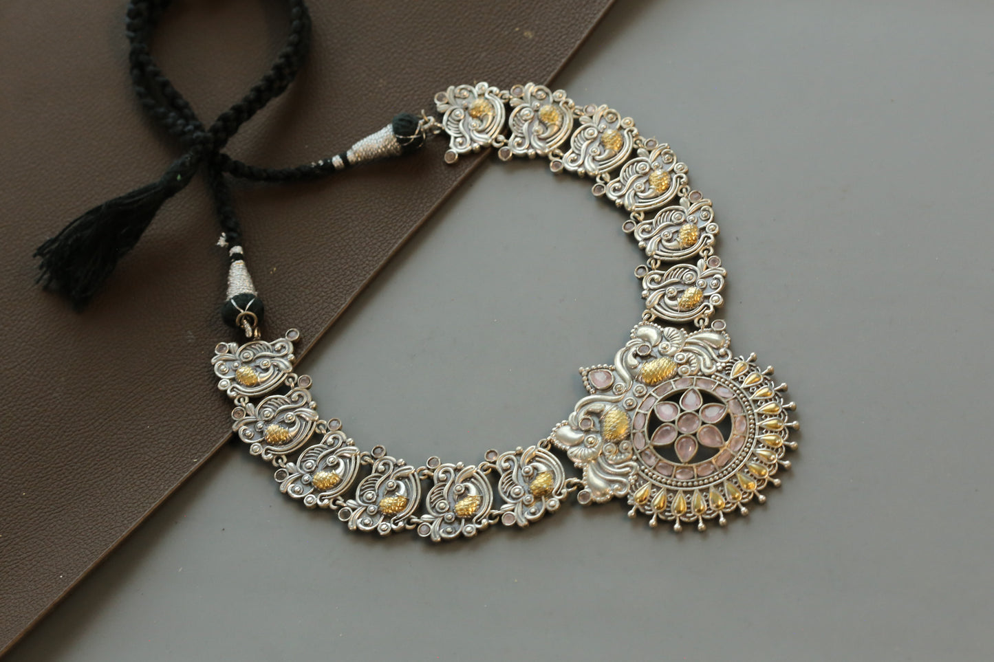 Aarya Silver Look Dual Tone Necklace- Pink