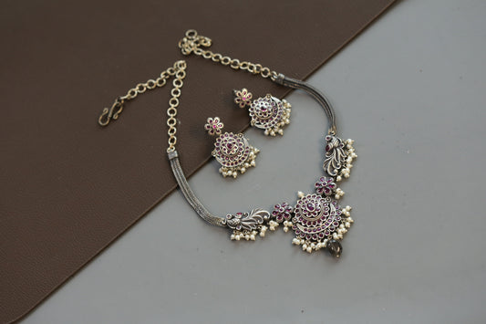 Madhu Oxidized  Kemp Necklace Set - Ruby