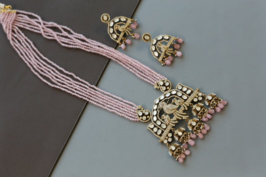 Long Mehndi Polish Necklace Set - Pink