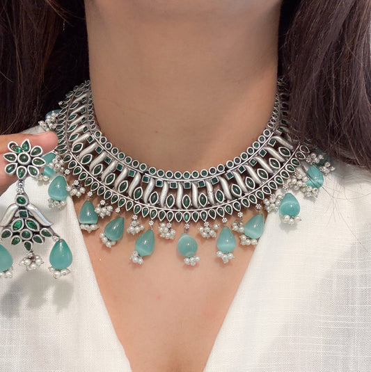 Green Kemp Silver Look Oxidized  Necklace Set