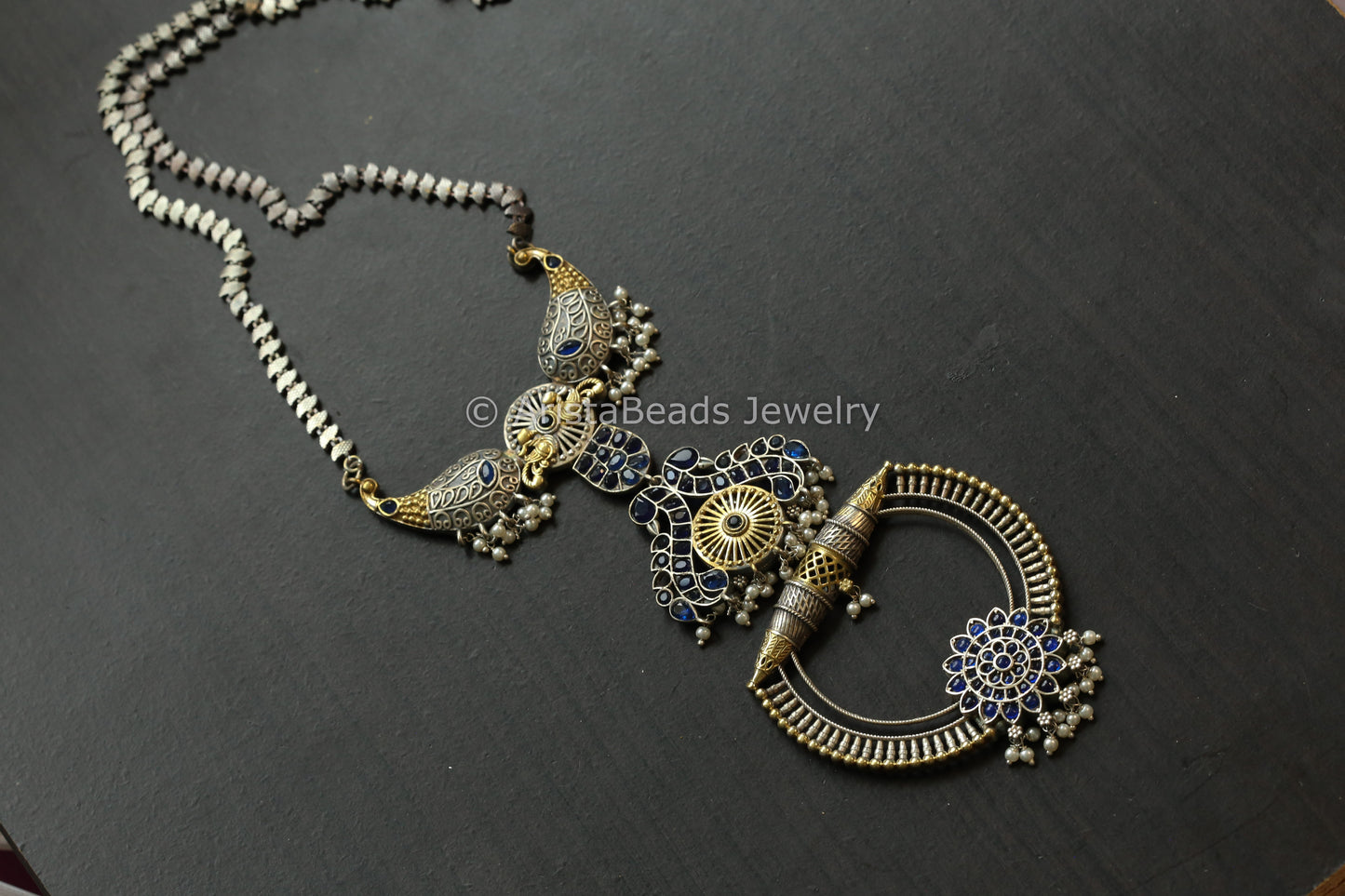 Long Dual Tone Brass Necklace  - Blue