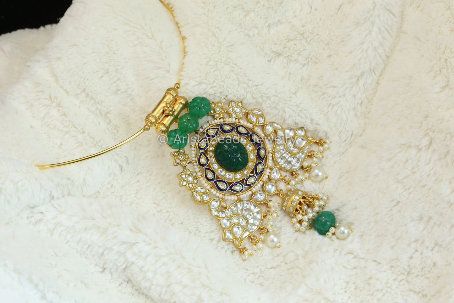 One Of A Kundan Jadau Enamel Hasli Necklace - Jade Stone