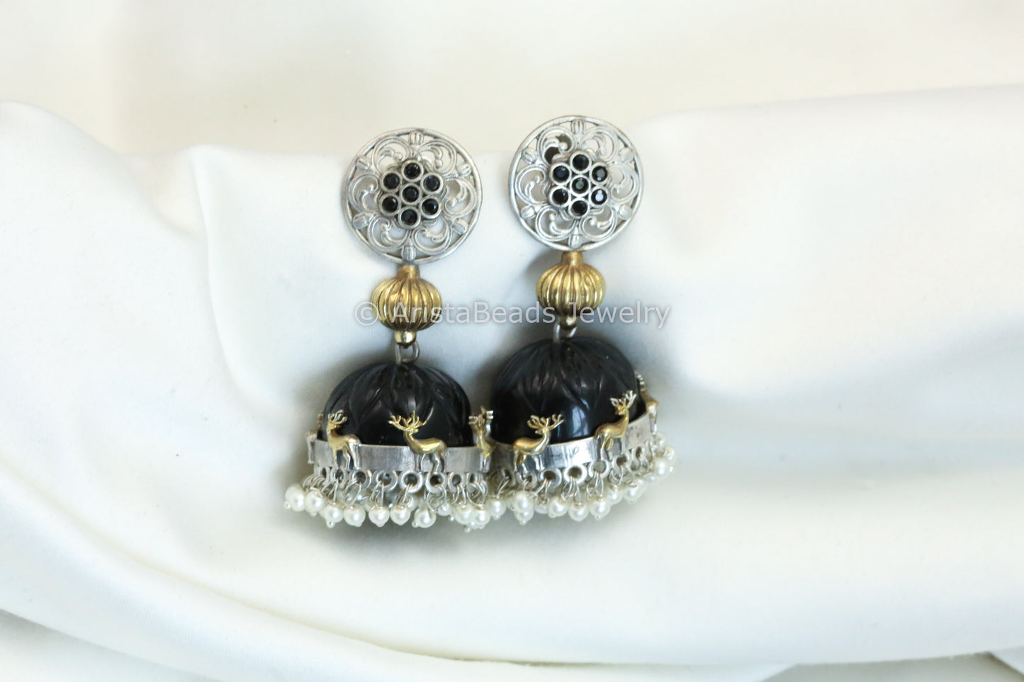 Dual Tone Stone Dome Jhumka- Black