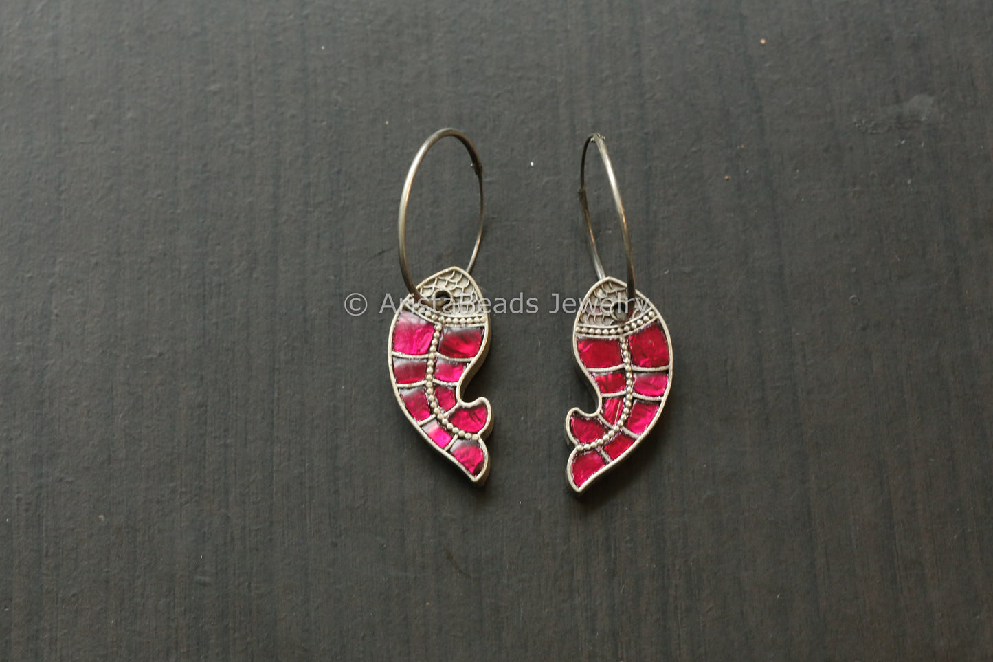 Jadau Fish Hoop Earrings - Ruby