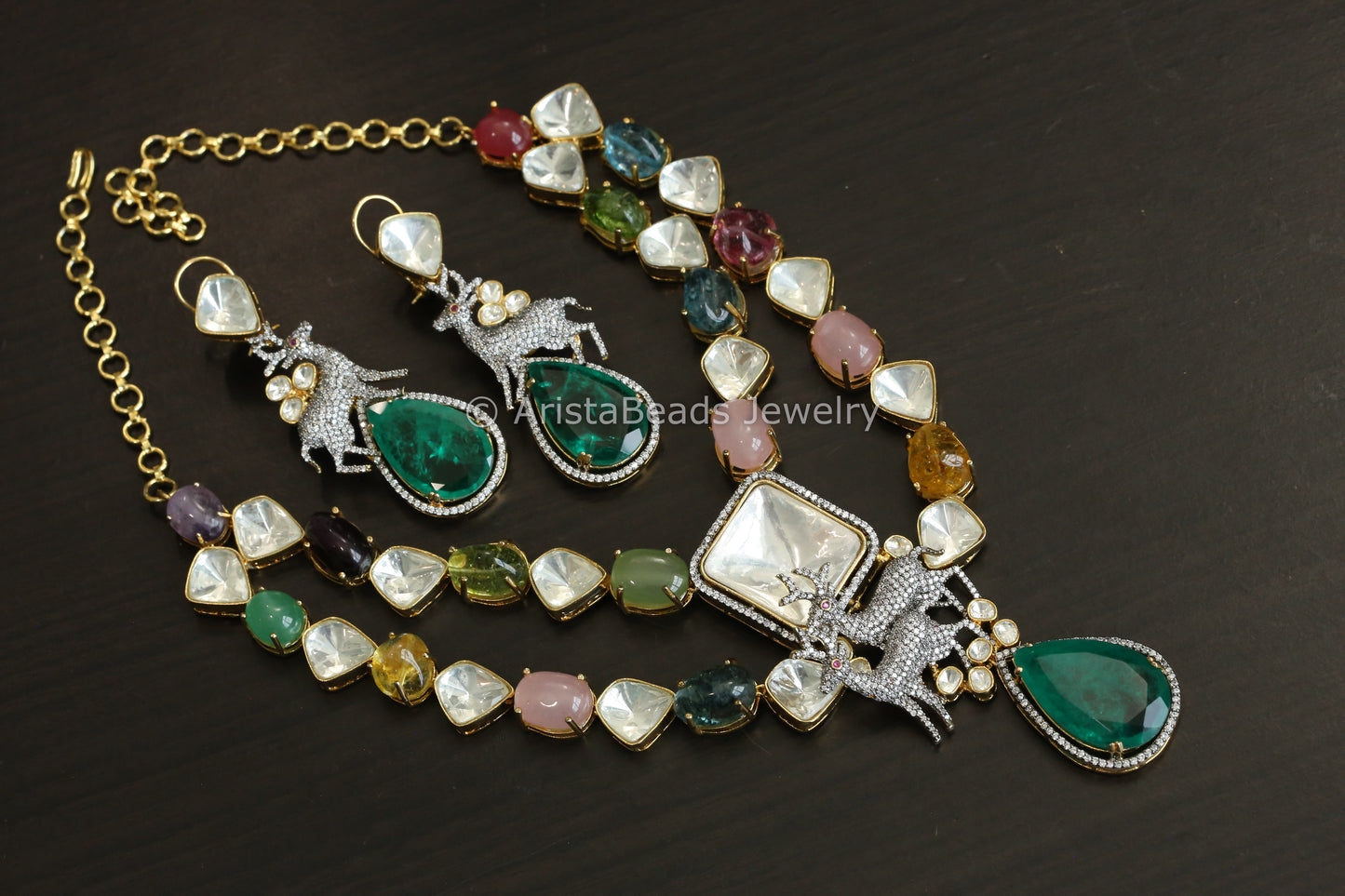 Designer Semiprecious Stones, Fine CZ & Polki Necklace Set