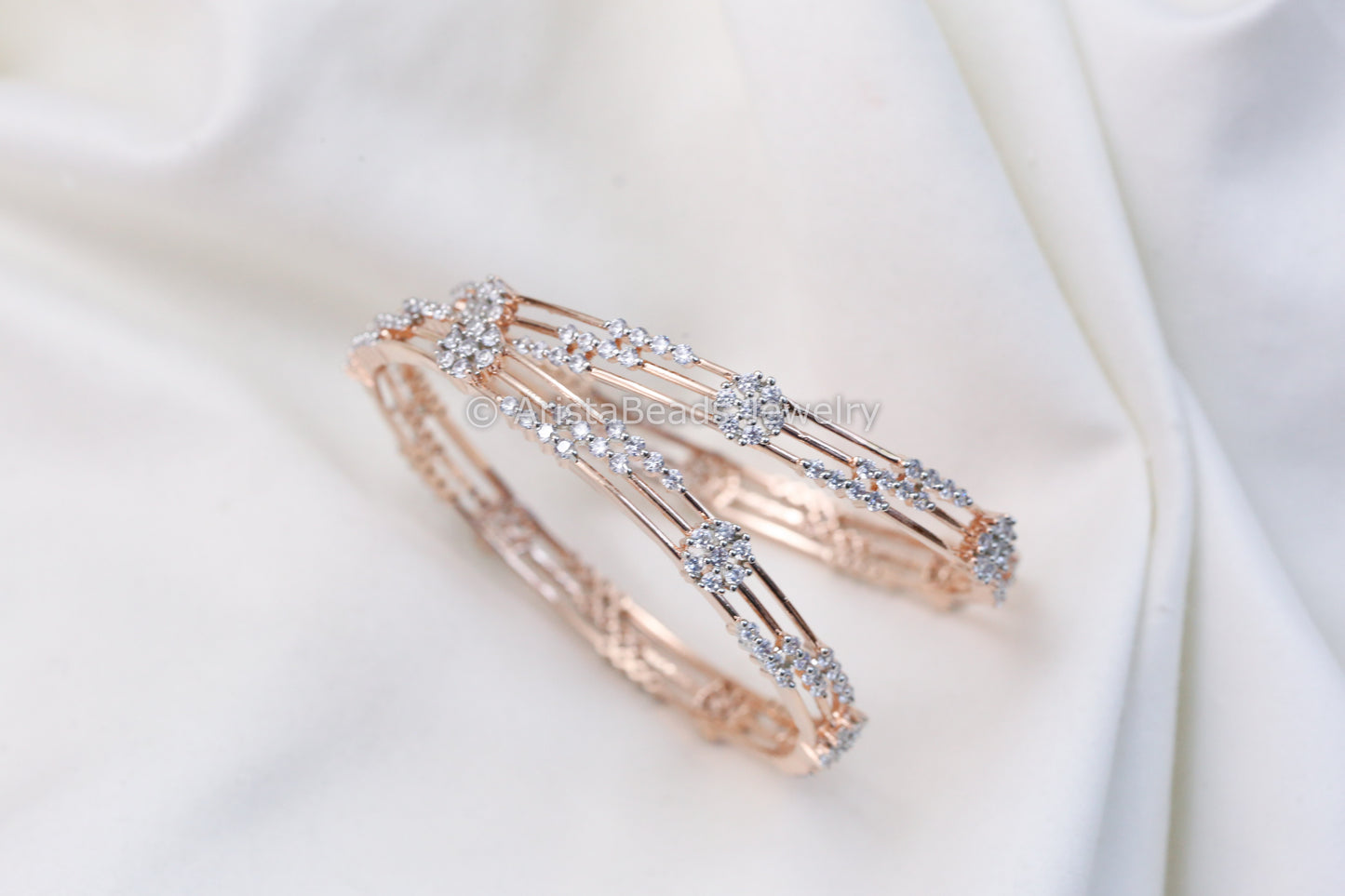 Rose Gold Finish Contemporary CZ Bangles Set (2.4 & 2.6)