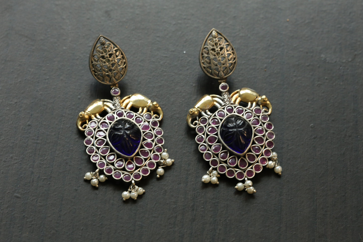 Carved Stone Dual Tone Earrings - Ruby Blue