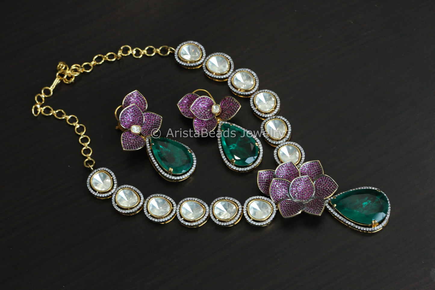 Designer Green Doublet, Fine CZ & Polki Necklace Set