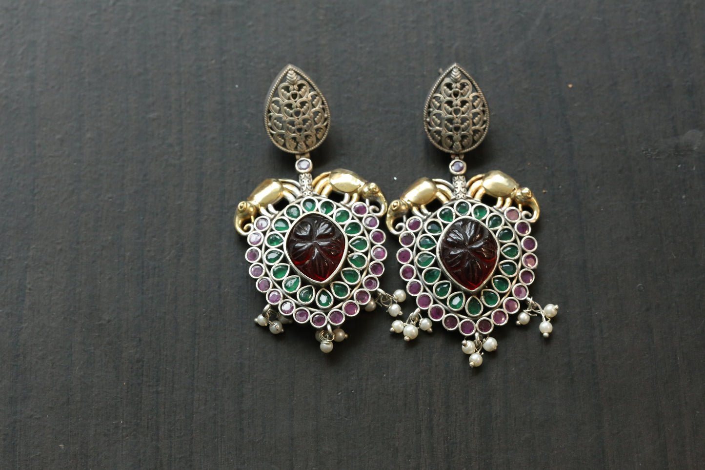 Carved Stone Dual Tone Earrings -Ruby Green