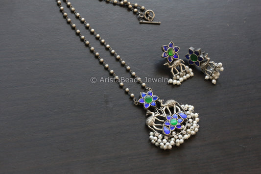 Jadau & Pearls Silver Look Alike Necklace Set - Blue Green