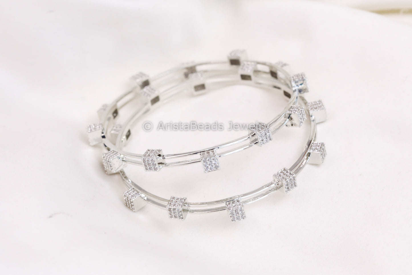 Silver Finish Contemporary CZ Bangles Set (2.4 & 2.6)