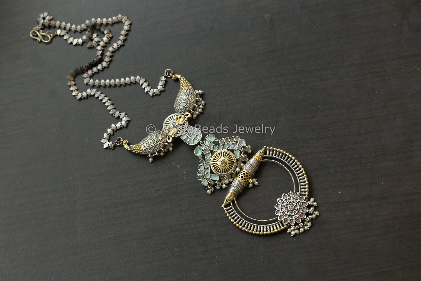 Long Dual Tone Brass Necklace  - Mint Pink