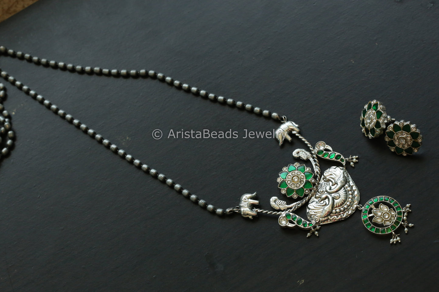 Next To Real Silver Jadau Necklace Set - Green