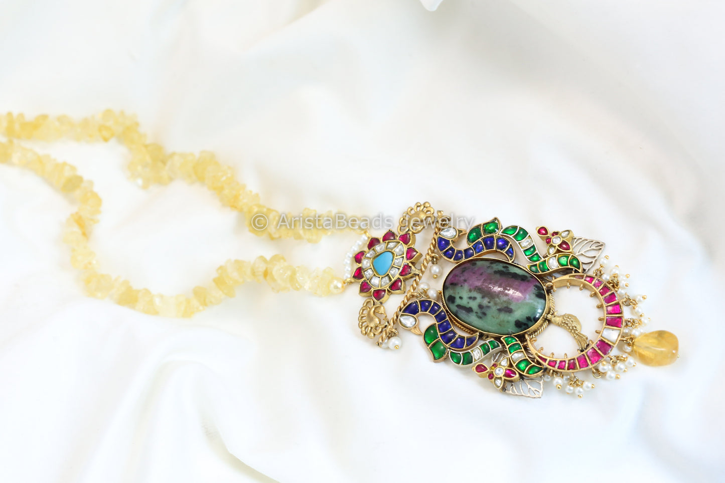 Kundan Jadau Fusion Necklace - Citrine Beads