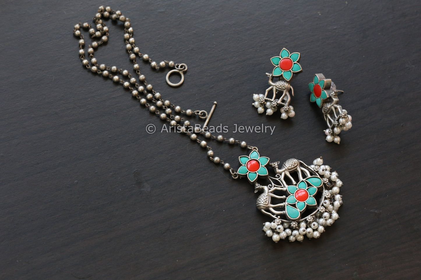 Jadau & Pearls Silver Look Alike Necklace Set - Turquoise Ruby