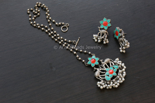 Jadau & Pearls Silver Look Alike Necklace Set - Turquoise Ruby