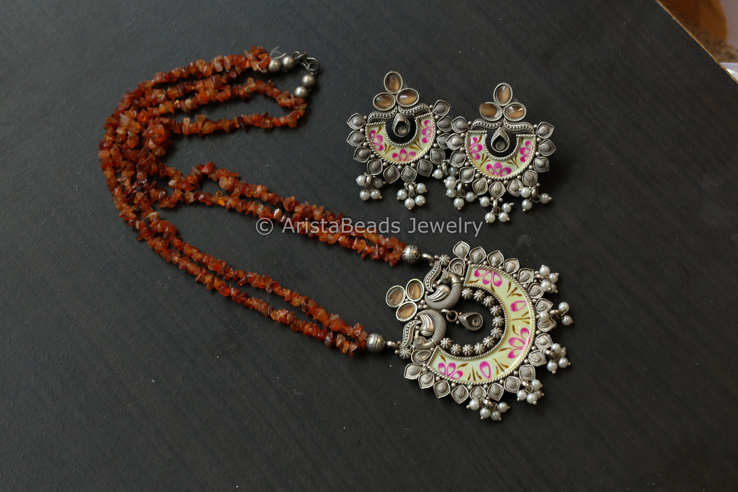 Enamel Oxidized Necklace Set - Carnelian Beads