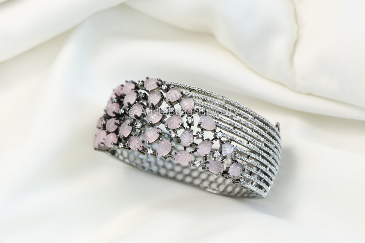 Boutique CZ & Carved Stone Bracelet (Openable)- Pink