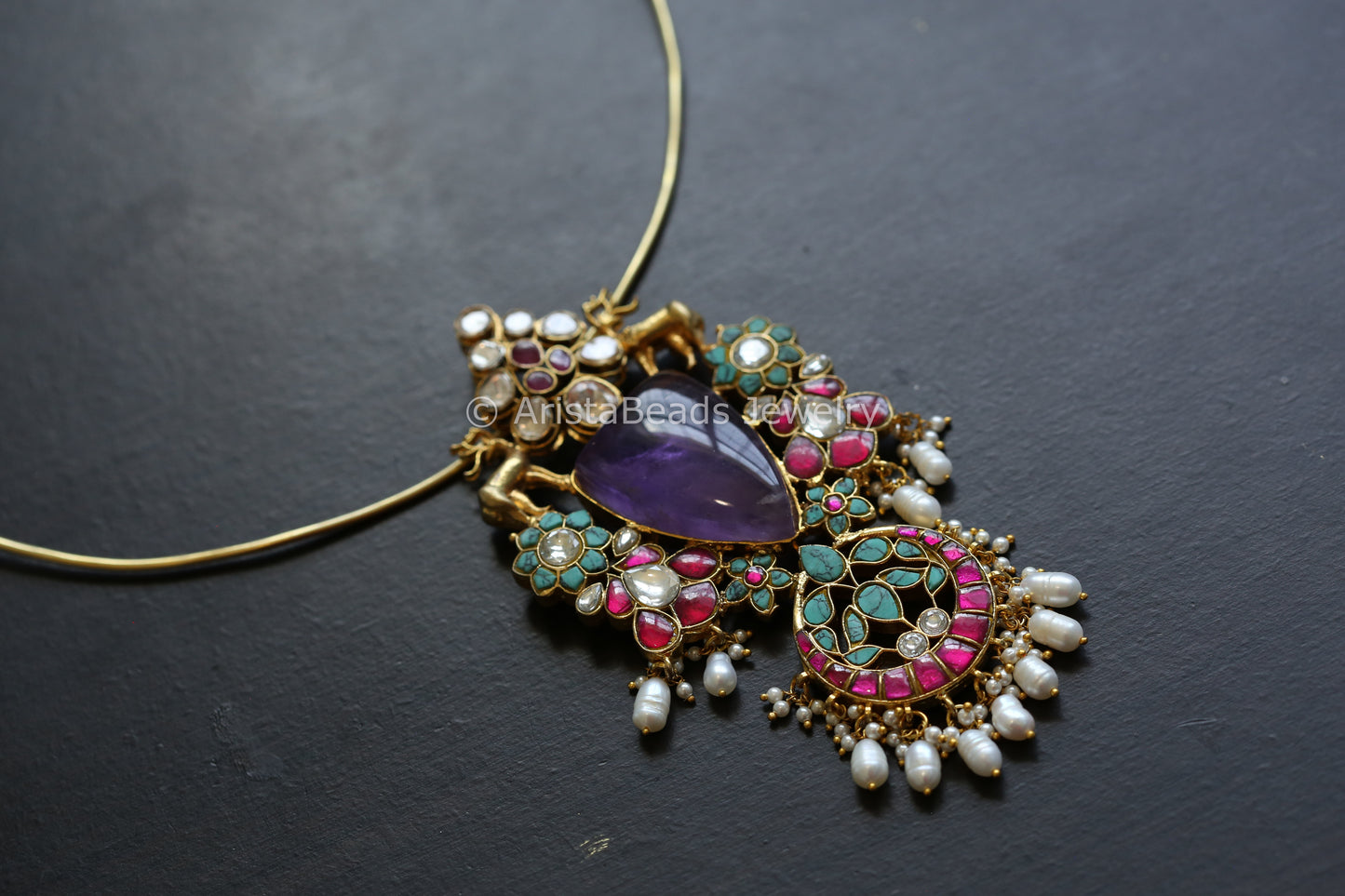 Real Moissanite Jadau Hasli Necklace (Removable) - Amethyst