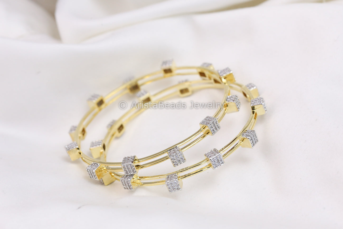 Gold Finish Contemporary CZ Bangles Set (2.4 & 2.6)