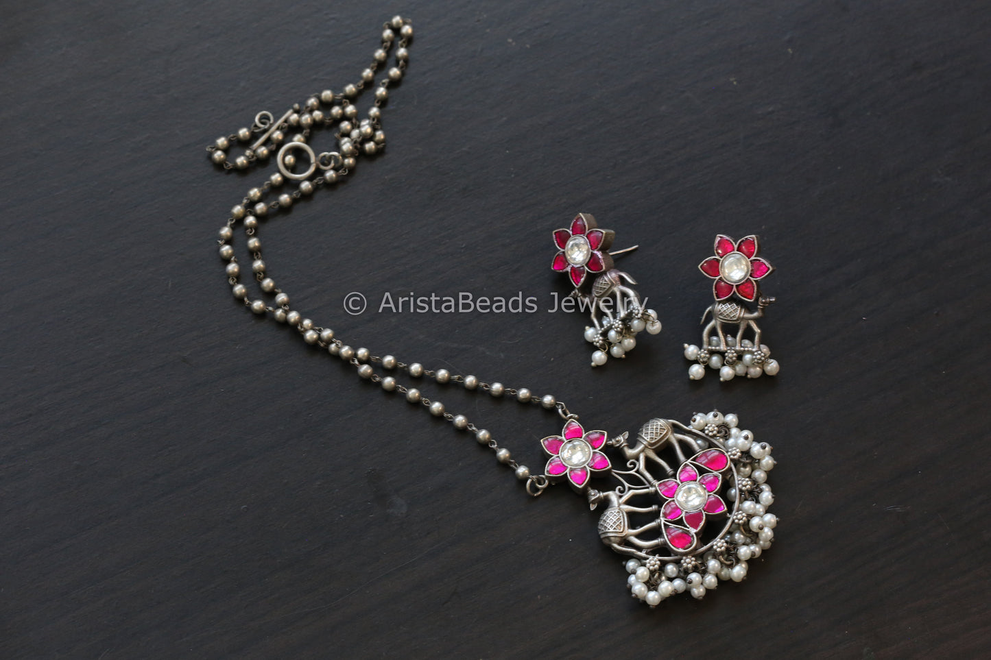 Jadau & Pearls Silver Look Alike Necklace Set - Ruby Clear
