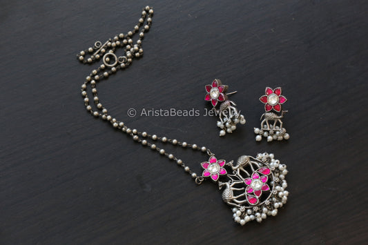 Jadau & Pearls Silver Look Alike Necklace Set - Ruby Clear