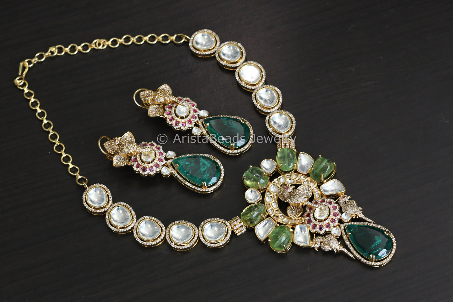 Designer Peridot, Fine CZ & Polki Necklace Set