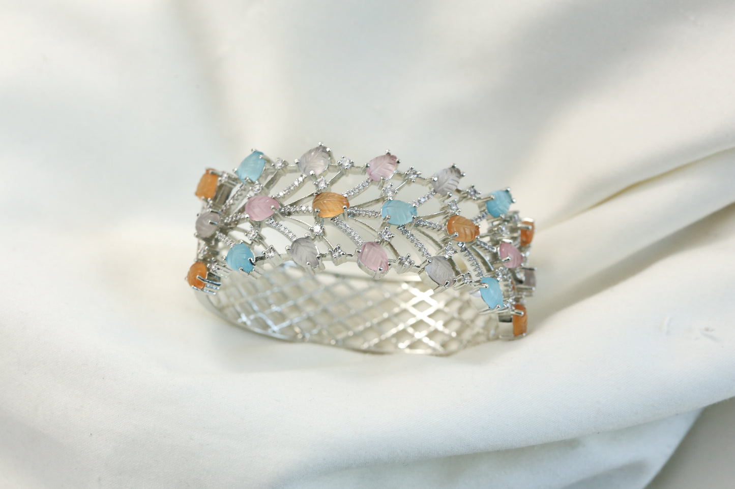 Silver Carved Stones Bracelet -Multi (Openable)