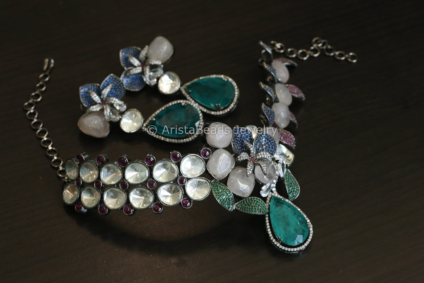 Designer Rose Quartz, Fine CZ & Polki Choker Set - Teal Blue