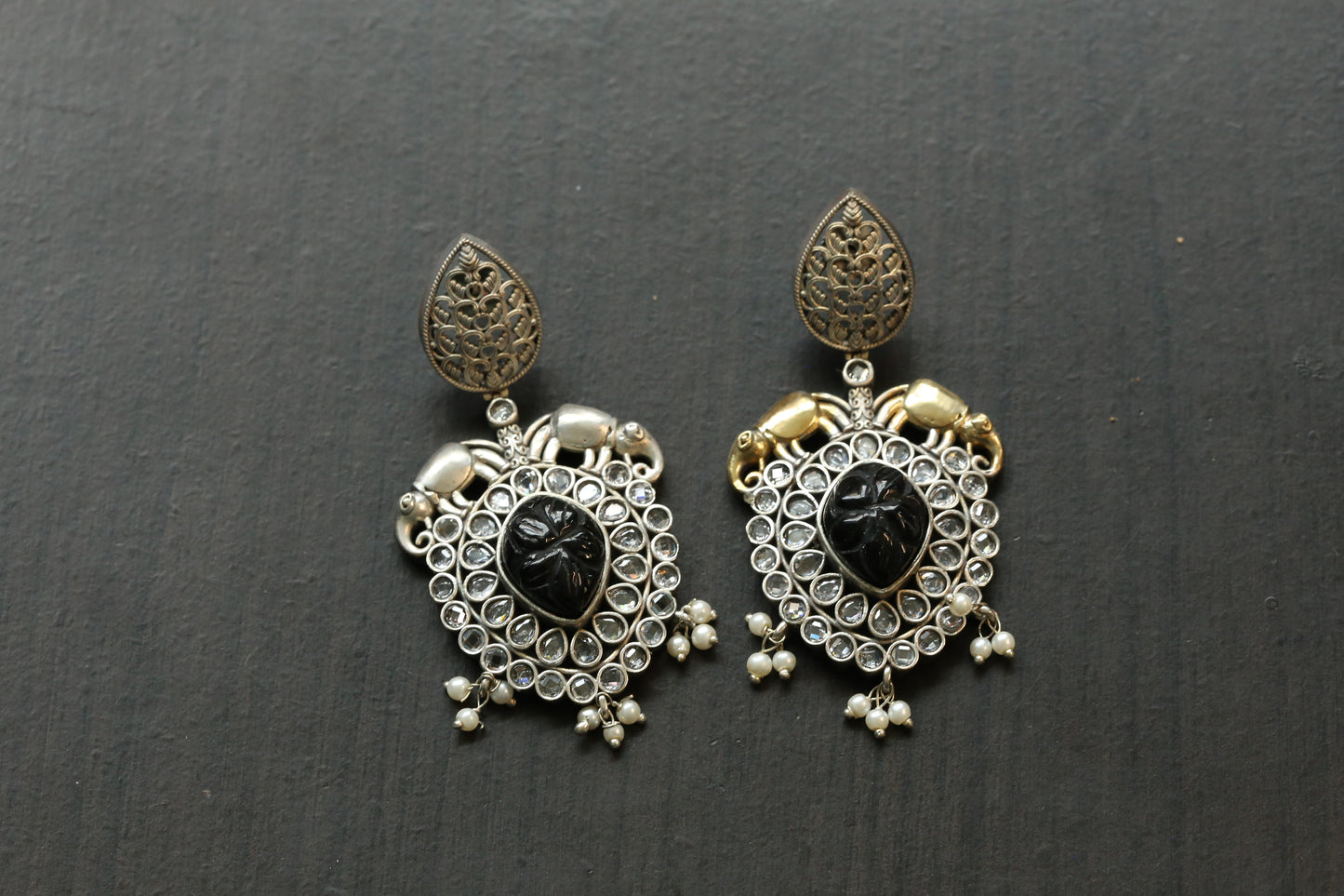 Carved Stone Dual Tone Earrings -Clear Black