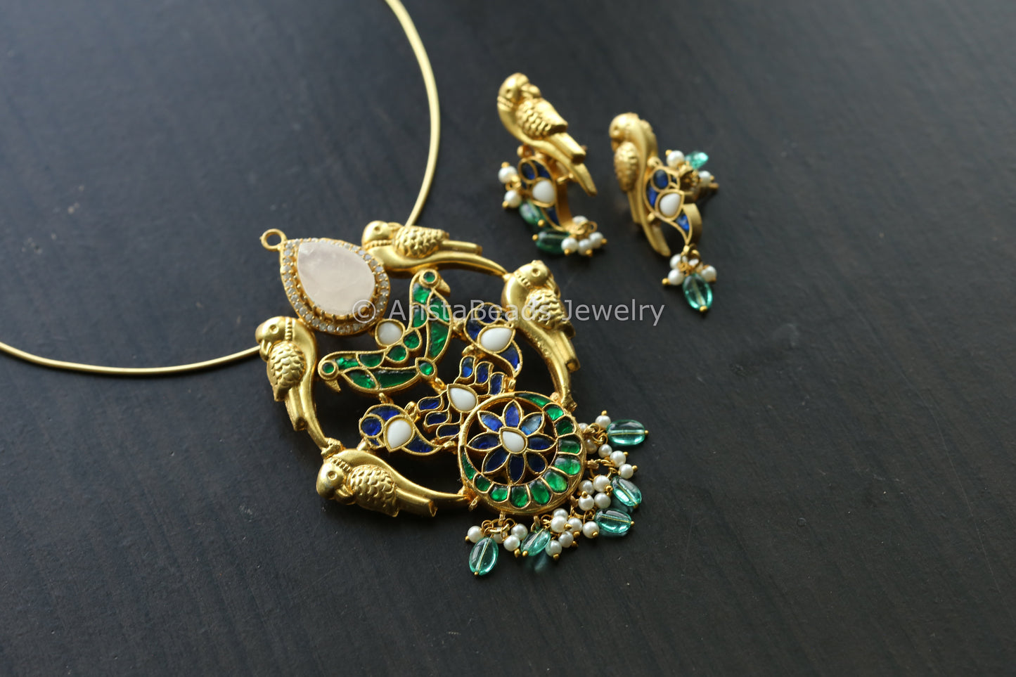 Kundan Jadau Hasli Necklace (Removable) - Rose Quartz