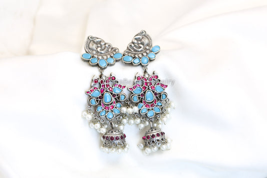 Jadau Jhumka In Silver Finish - Turquoise