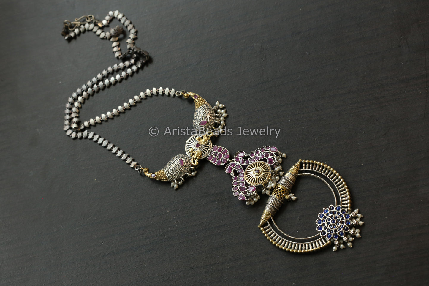 Long Dual Tone Brass Necklace  - Blue Ruby