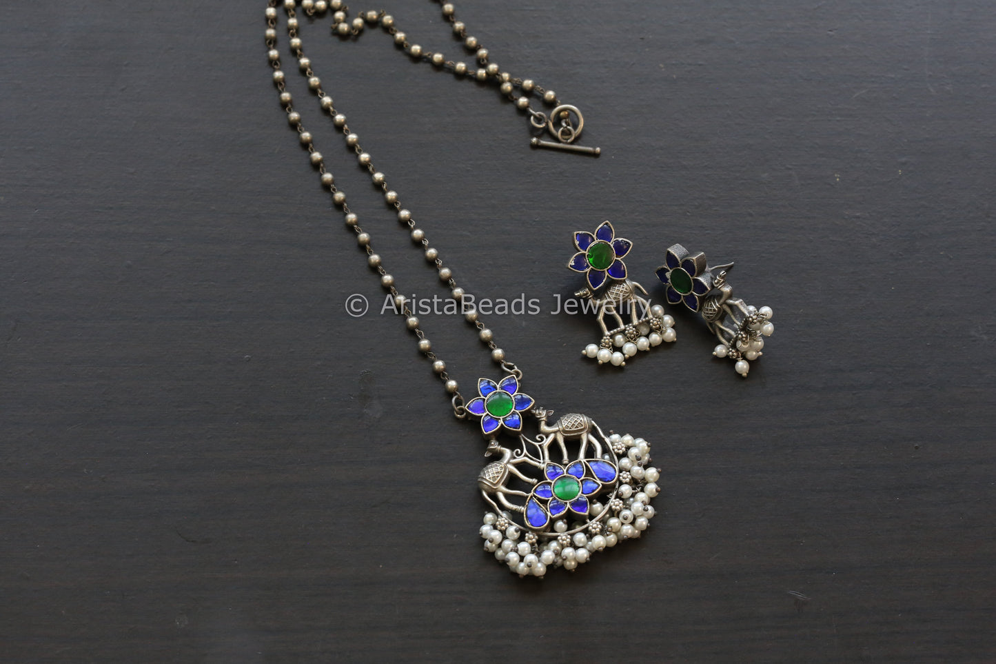Jadau & Pearls Silver Look Alike Necklace Set - Blue Green