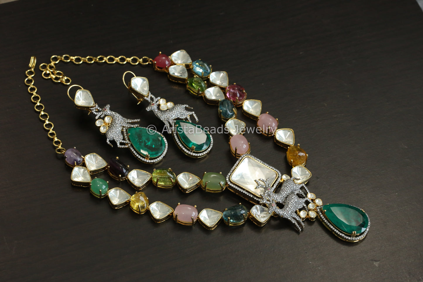Designer Semiprecious Stones, Fine CZ & Polki Necklace Set