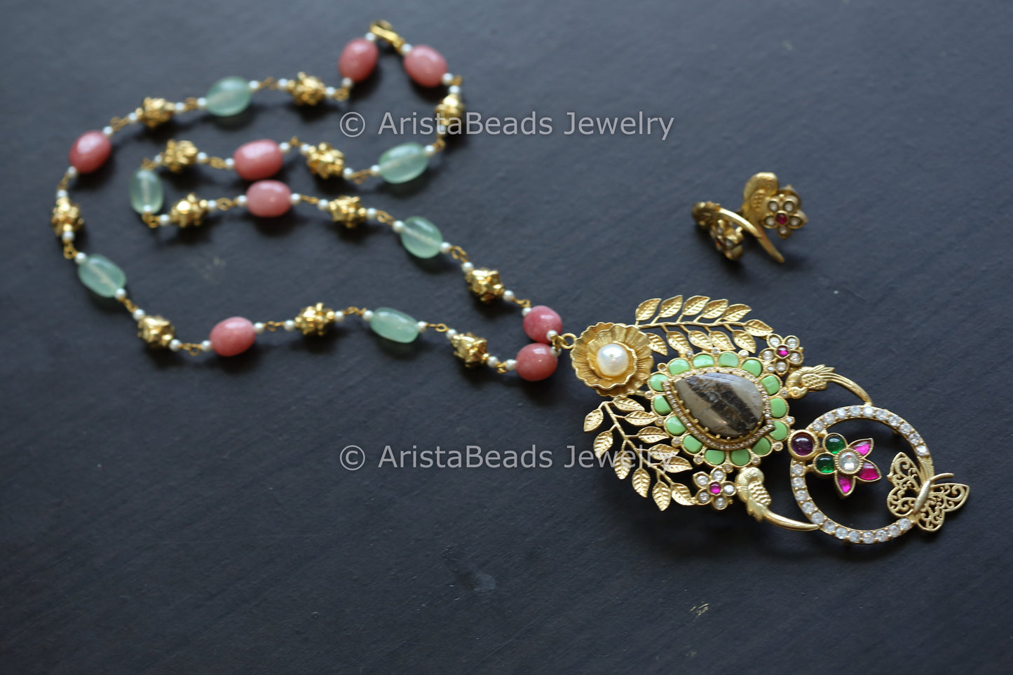 Kundan Jadau Pista Green Necklace Set - Jasper