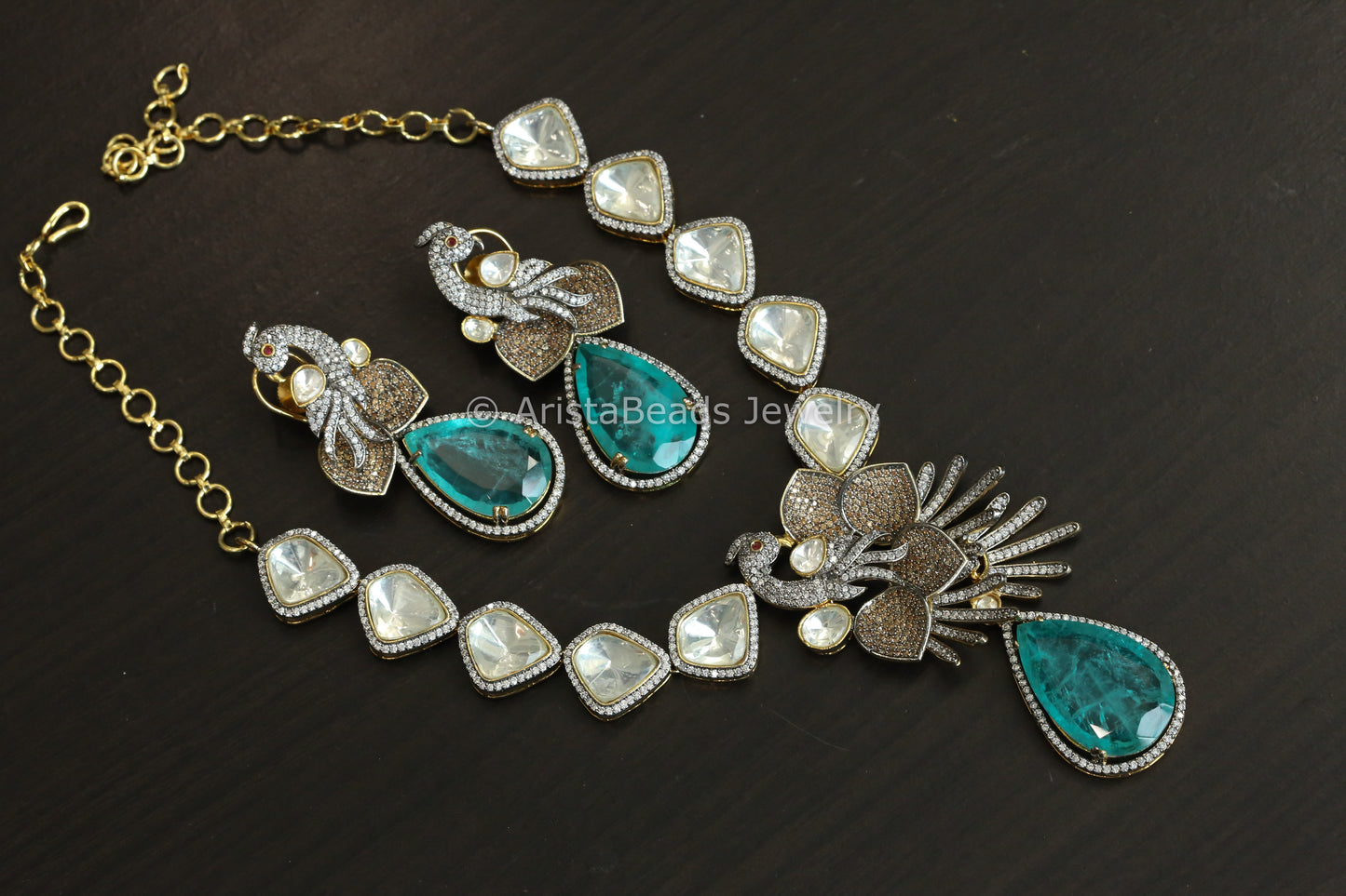 Designer Aqua Doublet, Fine CZ & Polki Necklace Set
