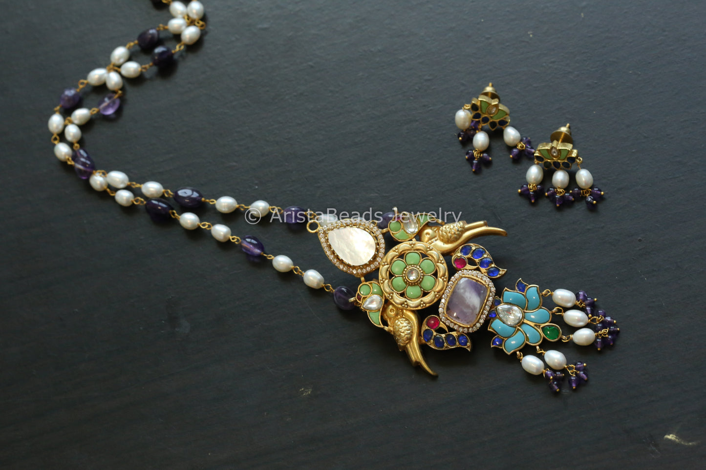 Amethyst Stone Fusion Jadau Necklace Set